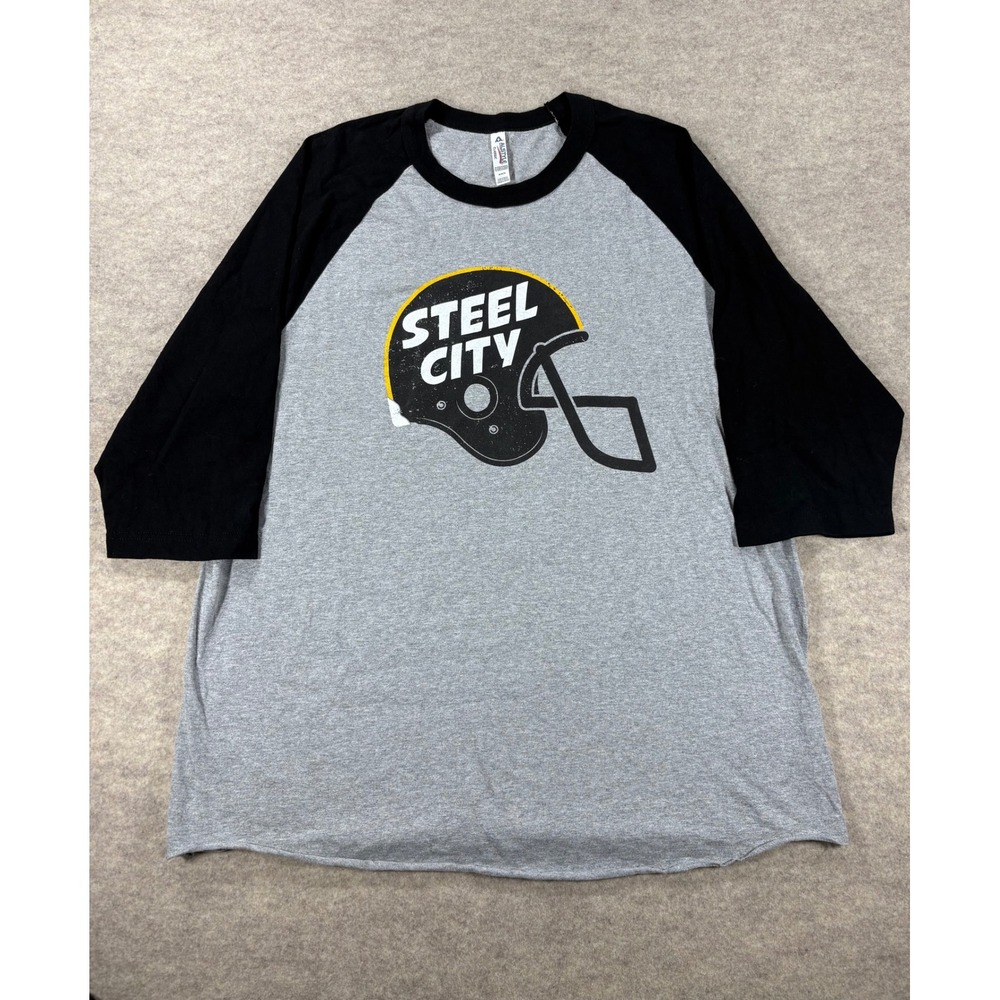 Alstyle Steel City Pittsburgh Football Helmet Raglan Baseball Tee Grey Black XL